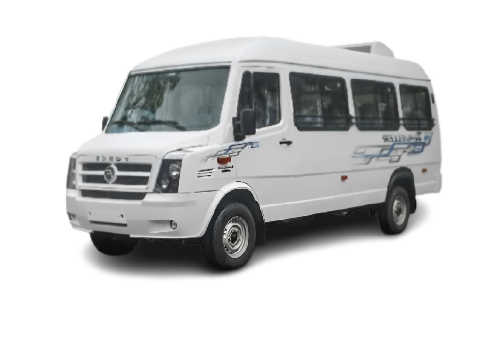 White Tempo Traveller van for hire, Akash Cabs in Hubli.
