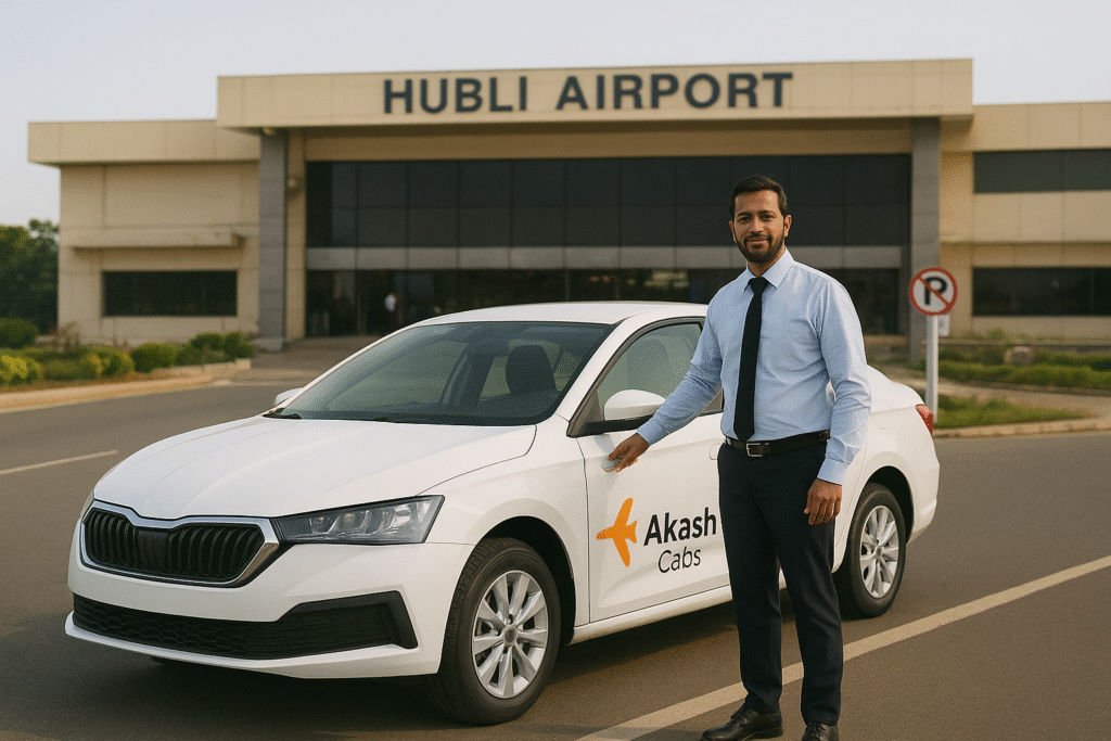Akash Cabs driver with a white sedan in front of Hubli Airport, symbolizing reliable airport transfer services for passengers.