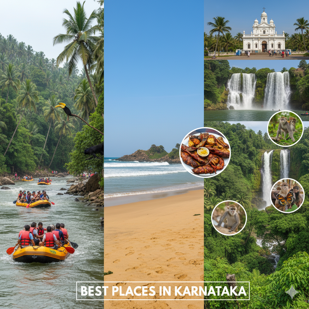 Collage of the Best Places in Karnataka: featuring river rafting, beaches, waterfalls, wildlife, and historic architecture, highlighting the state's diverse tourism.