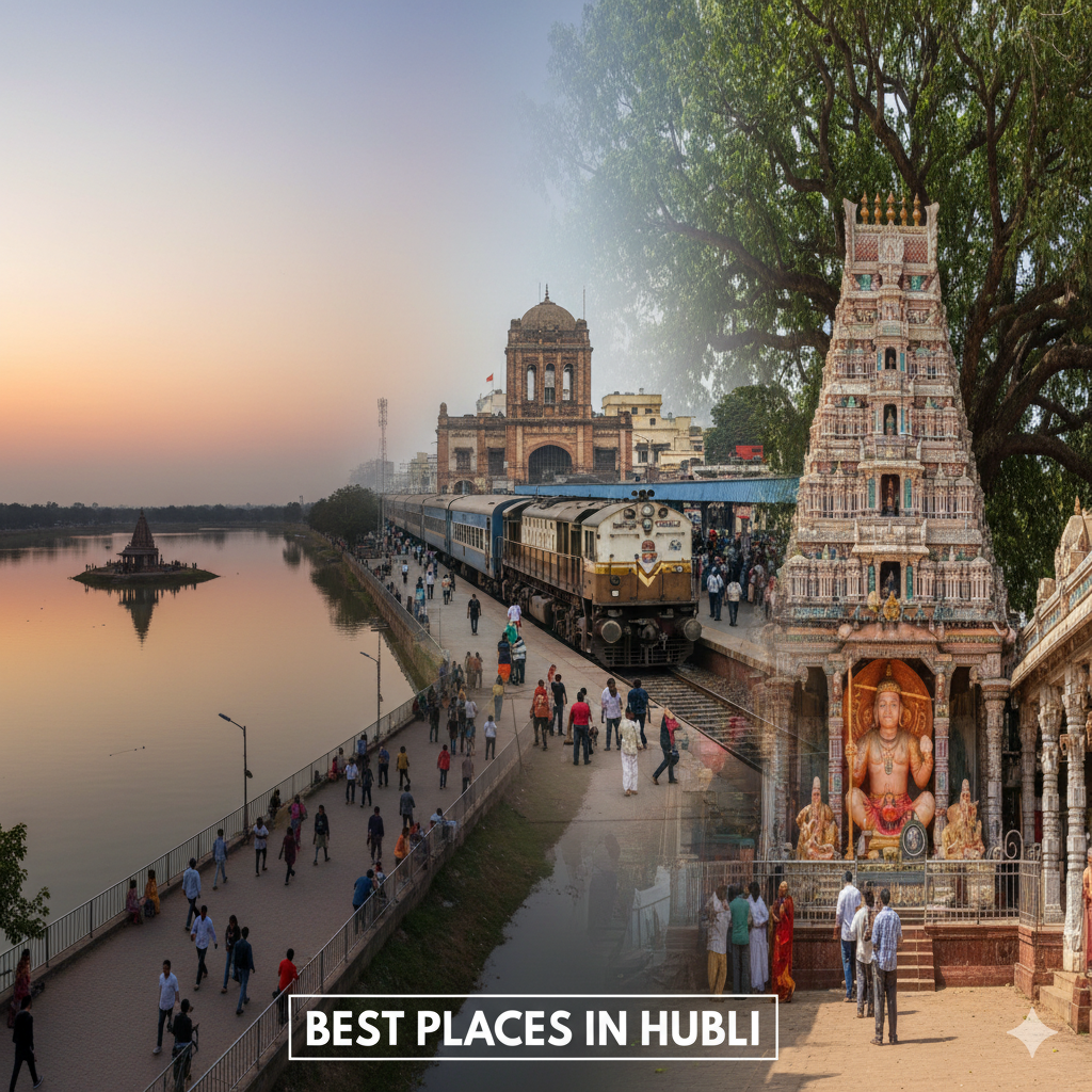 Composite image of Hubli landmarks: a train passing the lake at sunset and a historic temple (Gopuram), illustrating the best places to visit in Hubli.