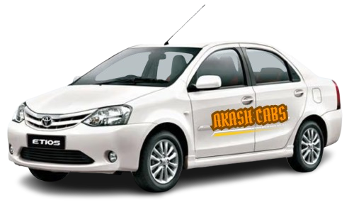 Akash Cabs provides the Best taxi service in Hubli, White Toyota Etios sedan with the "AKASH CABS" logo on the side, representing a reliable option for various travel needs.